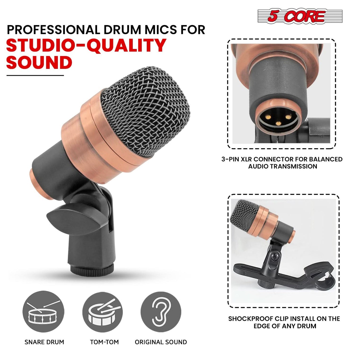 5Core Conga Mic Snare Tom Microphone Drum Kit Condenser XLR Instrument Mics Copper XP-3