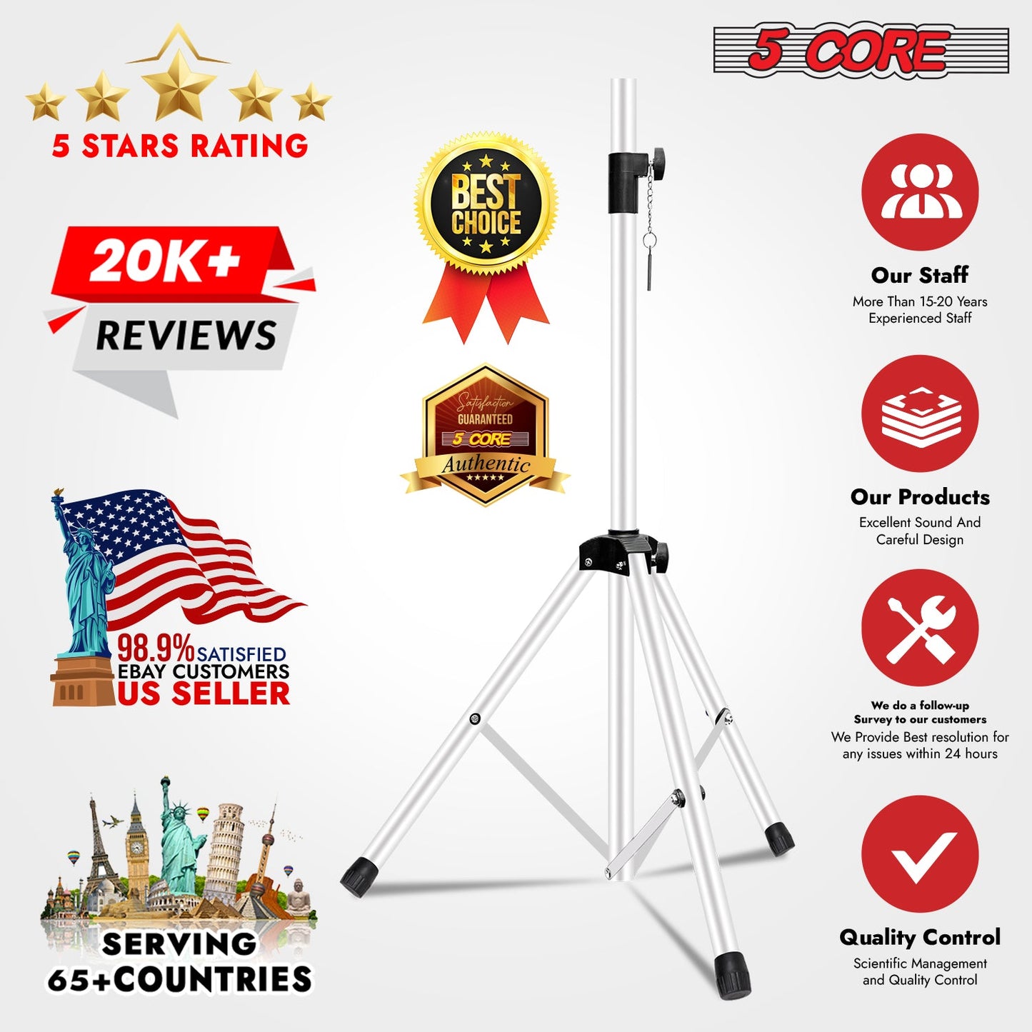 5Core Speaker Stand Tripod 2Pcs Tall Adjustable 72 Inch DJ Studio Monitor Stands Pole Mount-3