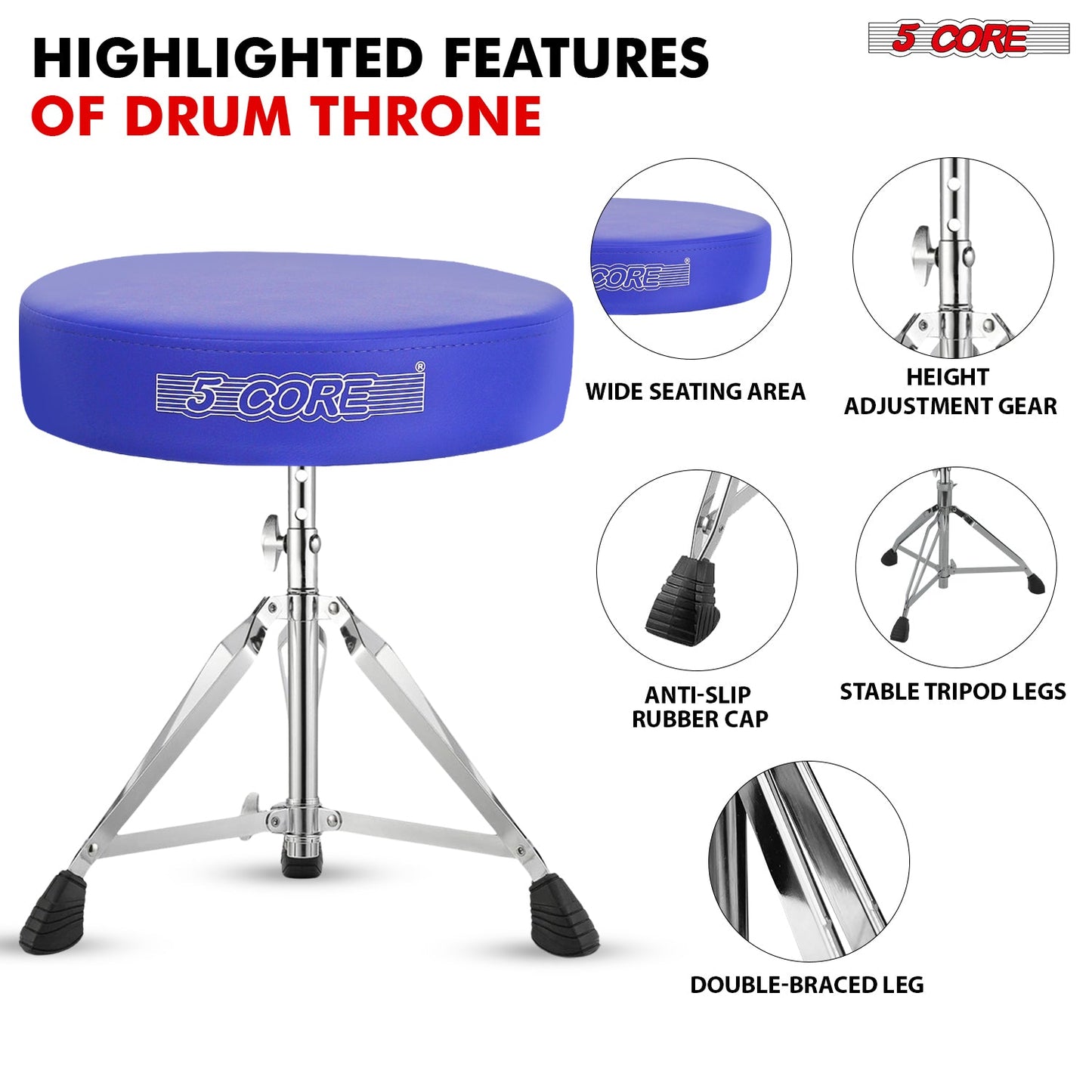 5Core Drum Throne Padded Adjustable Guitar Stool Drummer Seat for Adults & Kids BLUE-1