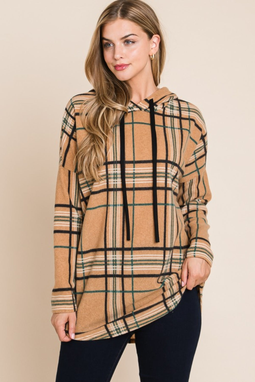 BOMBOM Drawstring Plaid Long Sleeve Hoodie-2