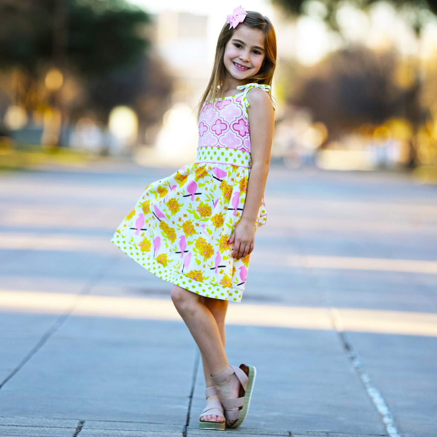Girls Easter Dress Spring Birds and Pink Arabesque Cotton Knit Spaghetti Straps-3