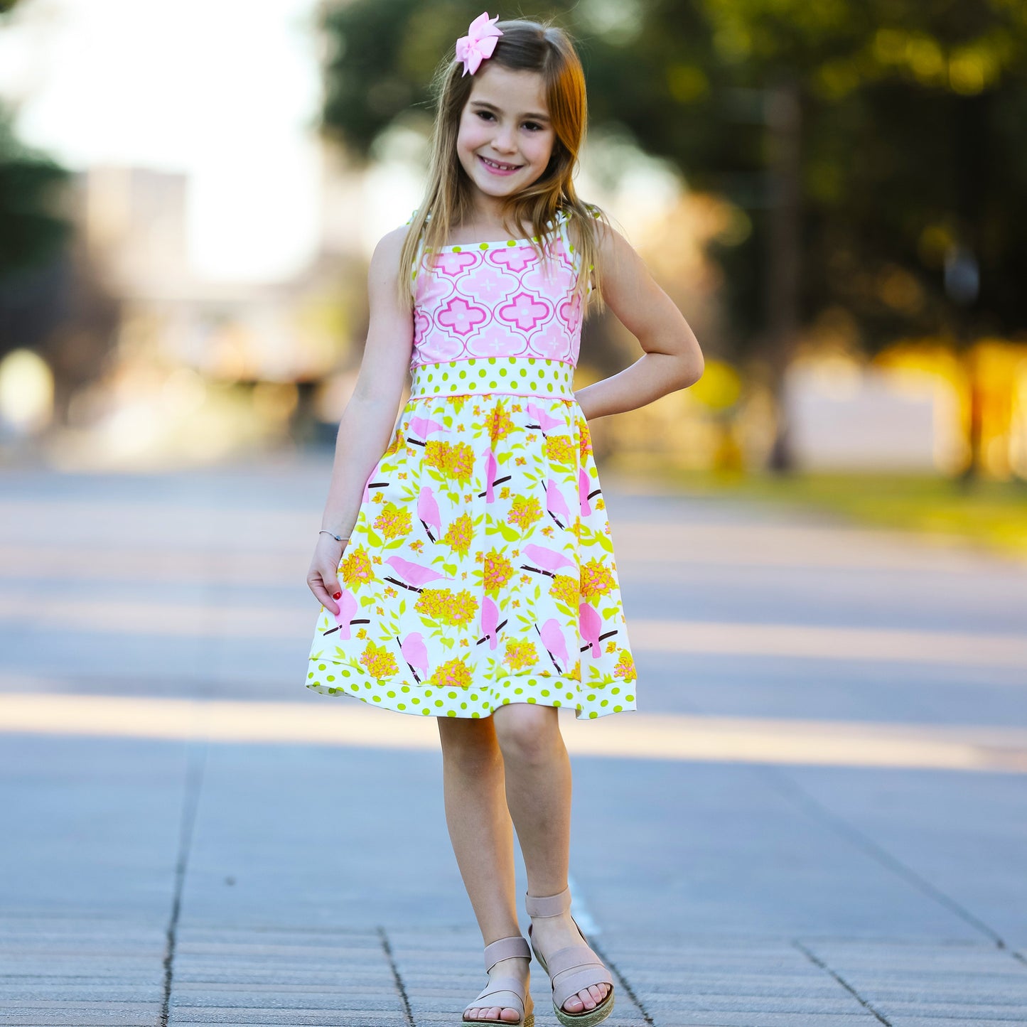 Girls Easter Dress Spring Birds and Pink Arabesque Cotton Knit Spaghetti Straps-2