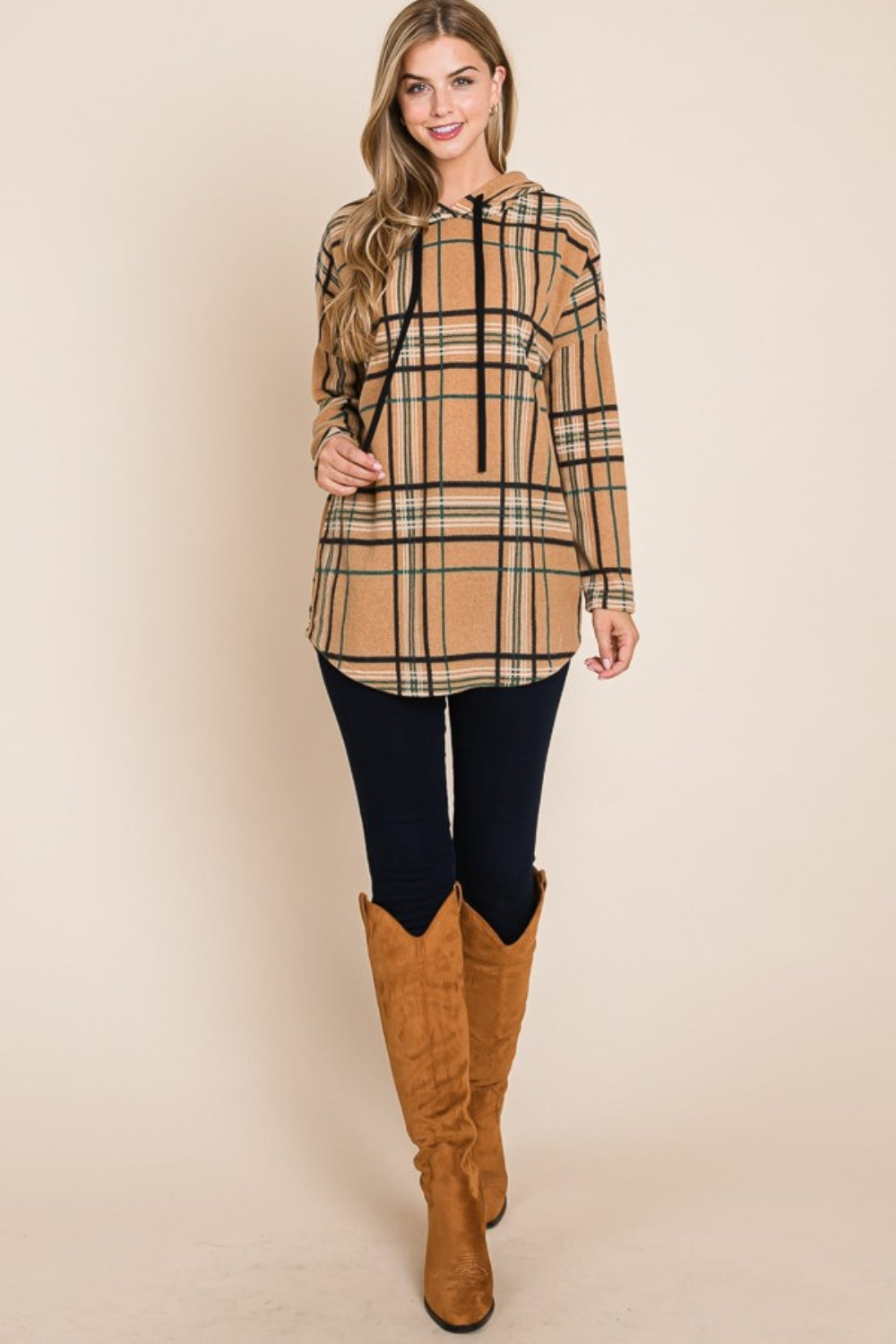BOMBOM Drawstring Plaid Long Sleeve Hoodie-4