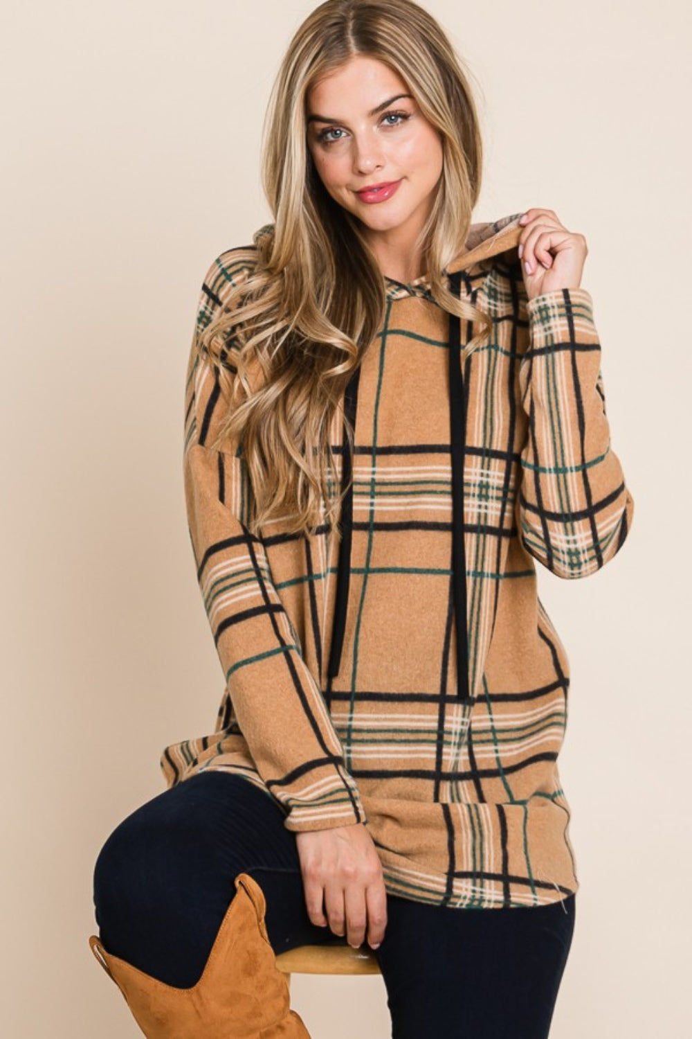BOMBOM Drawstring Plaid Long Sleeve Hoodie-3