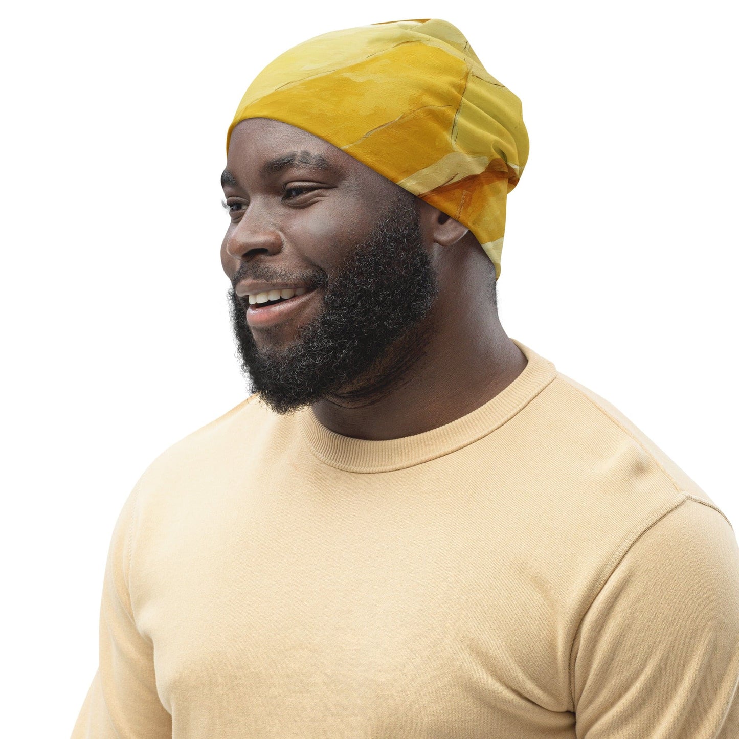 Double-layered Beanie Hat Rustic Yellow Stone Print-3