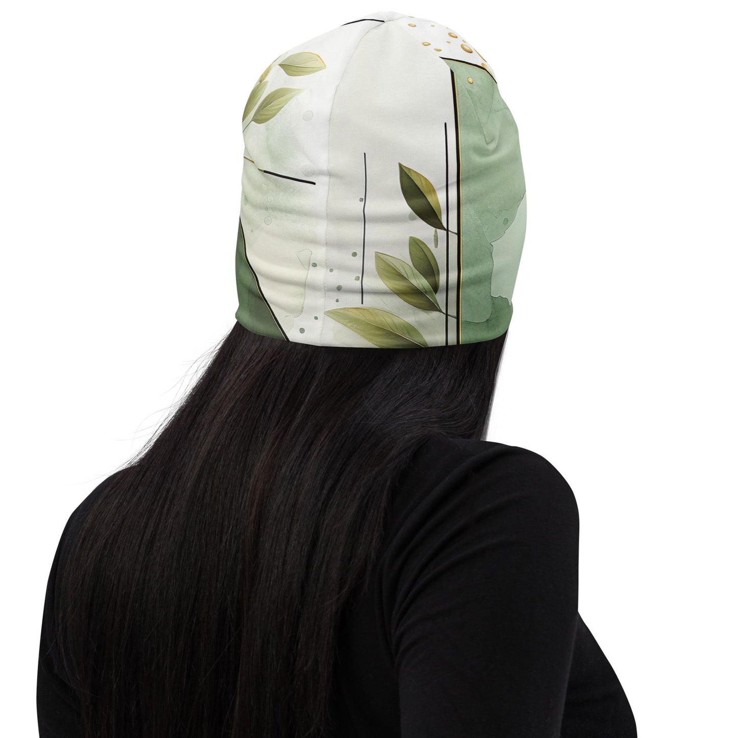 Double-layered Beanie Hat Olive Green Mint Leaf Geometric Print-1