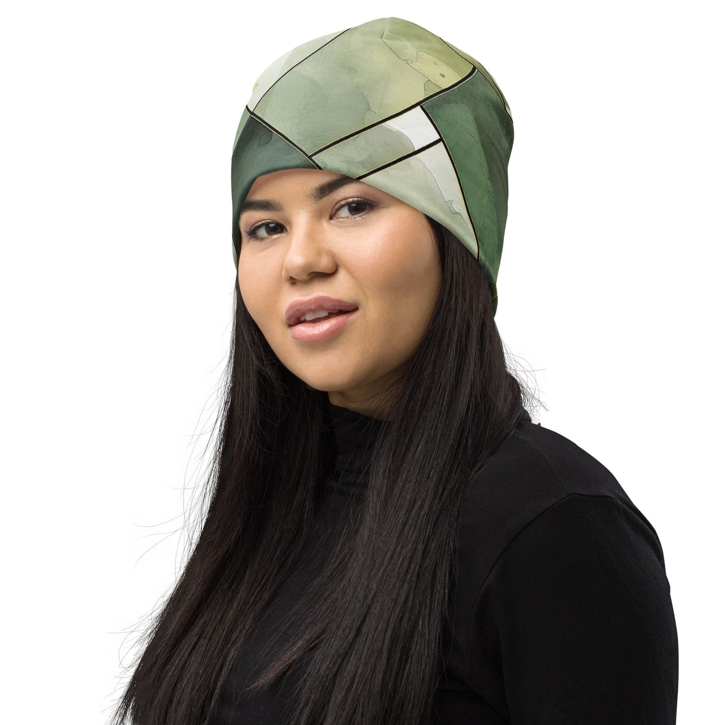 Double-layered Beanie Hat Olive Green Mint Leaf Geometric Print-3