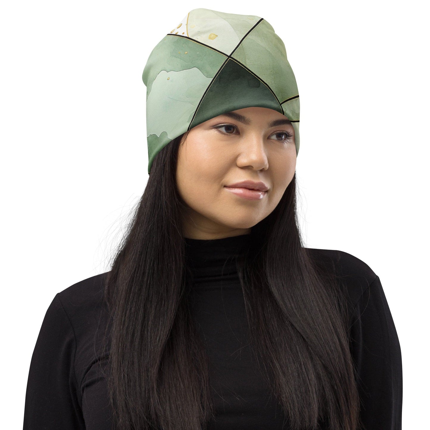 Double-layered Beanie Hat Olive Green Mint Leaf Geometric Print-2
