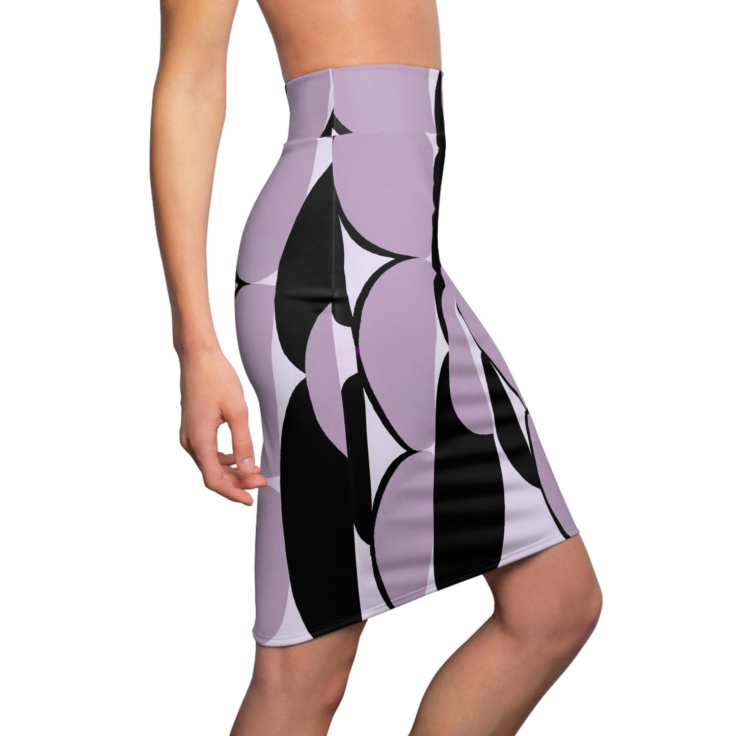 High Waist Womens Pencil Skirt - Contour Stretch - Geometric Lavender and Black Pattern-2