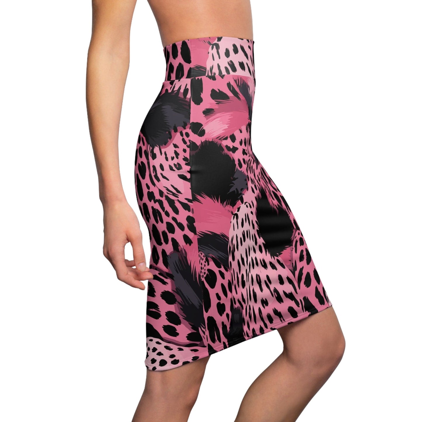 High Waist Womens Pencil Skirt - Contour Stretch - Pink and Black Leopard Spots Illustration-2