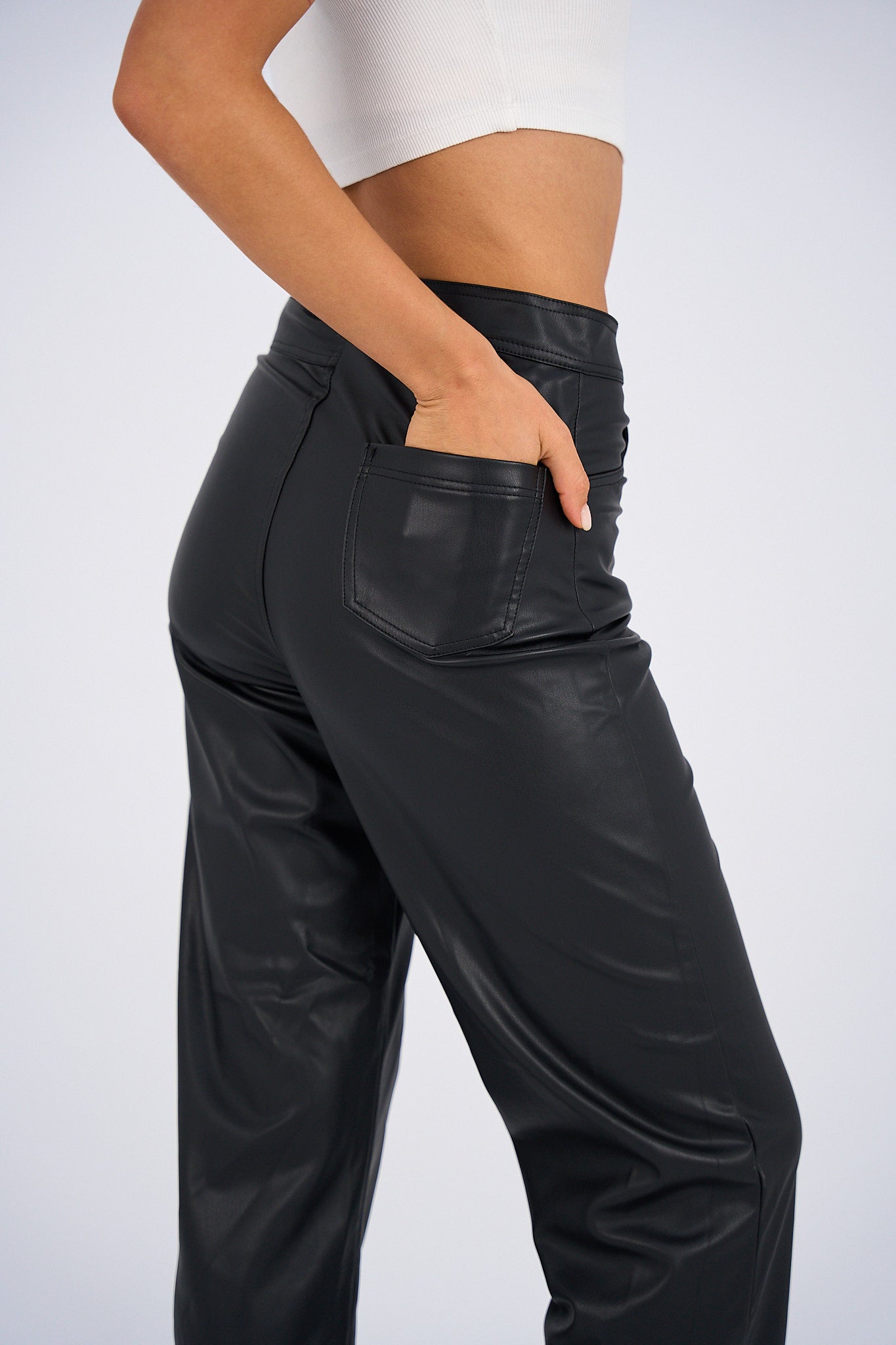 Faux Leather Wide Leg Pants - Black-1