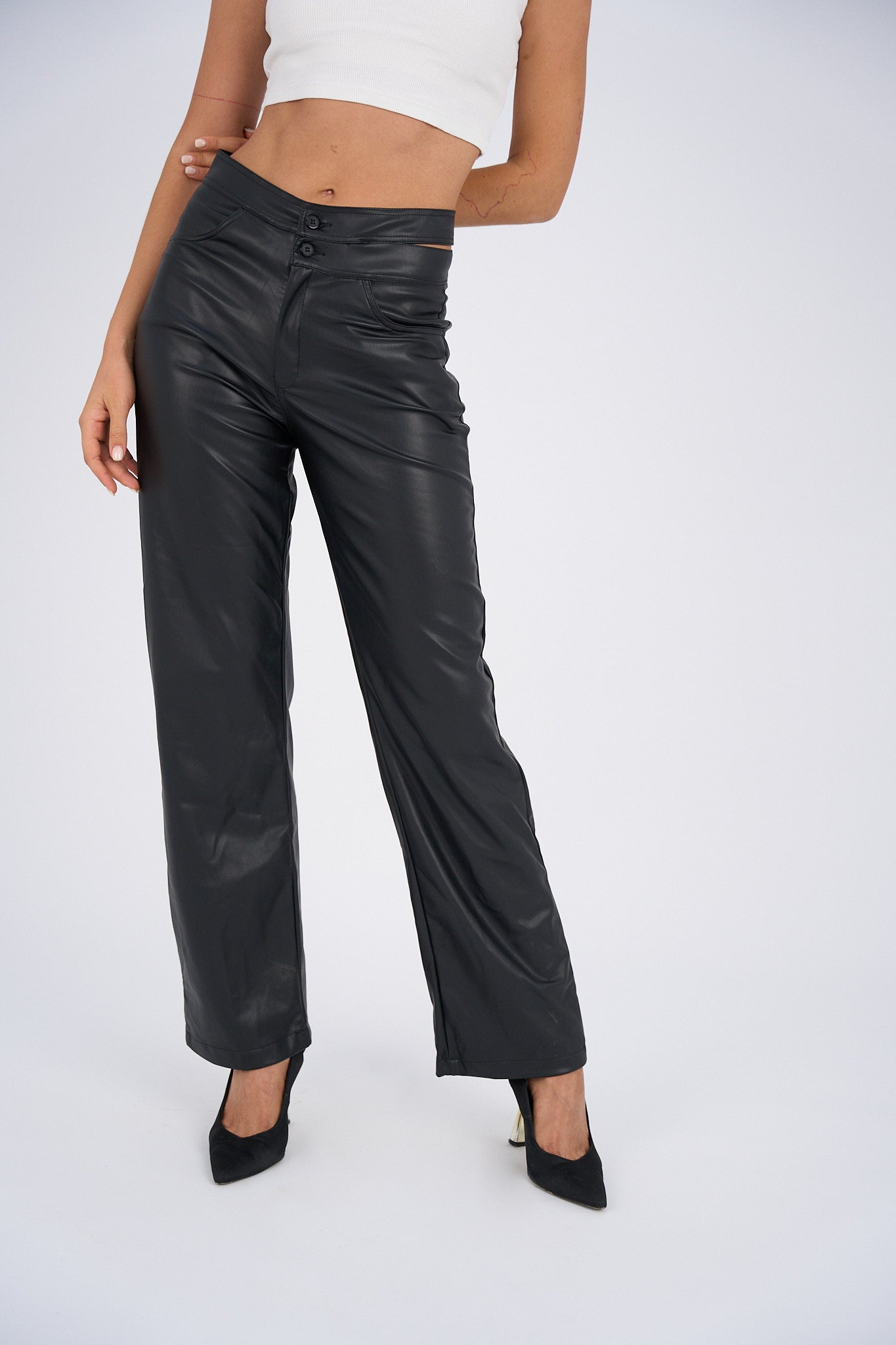 Faux Leather Wide Leg Pants - Black-4