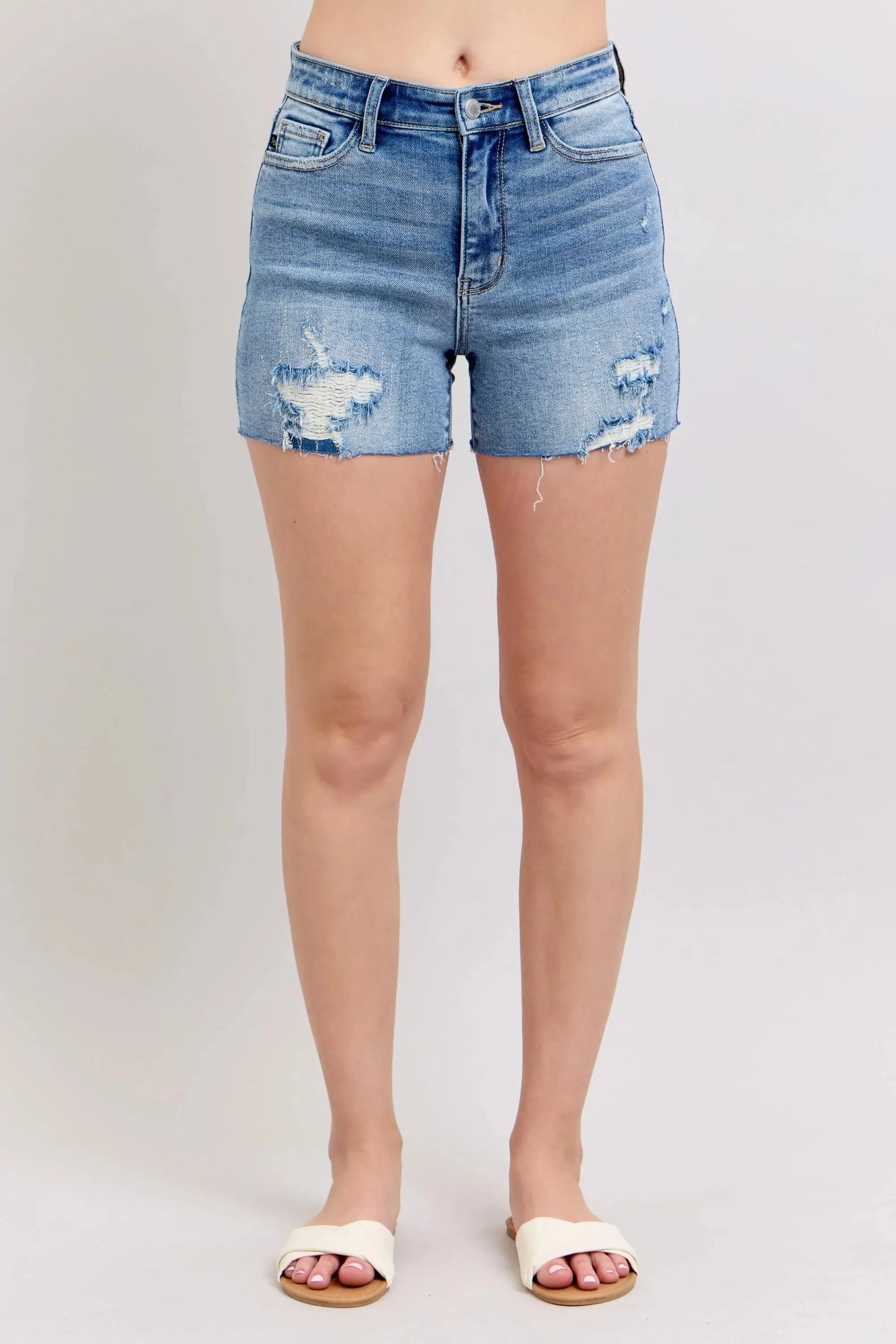 Judy Blue Full Size High Waist Denim Shorts W/stitch Over Destroy Detail Plus Size-1