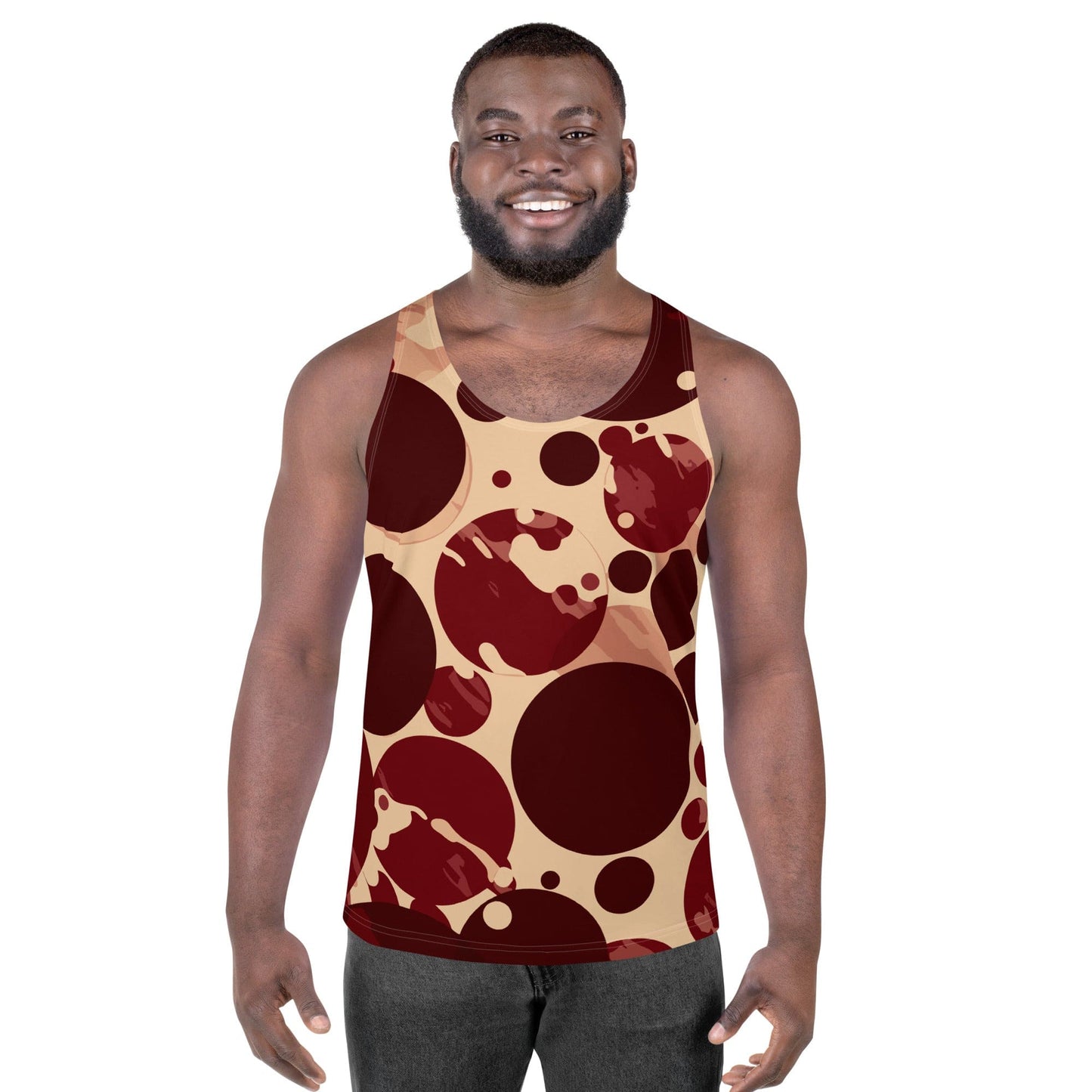 Mens Stretch Fit Tank Top - Burgundy Beige Circular Print-0