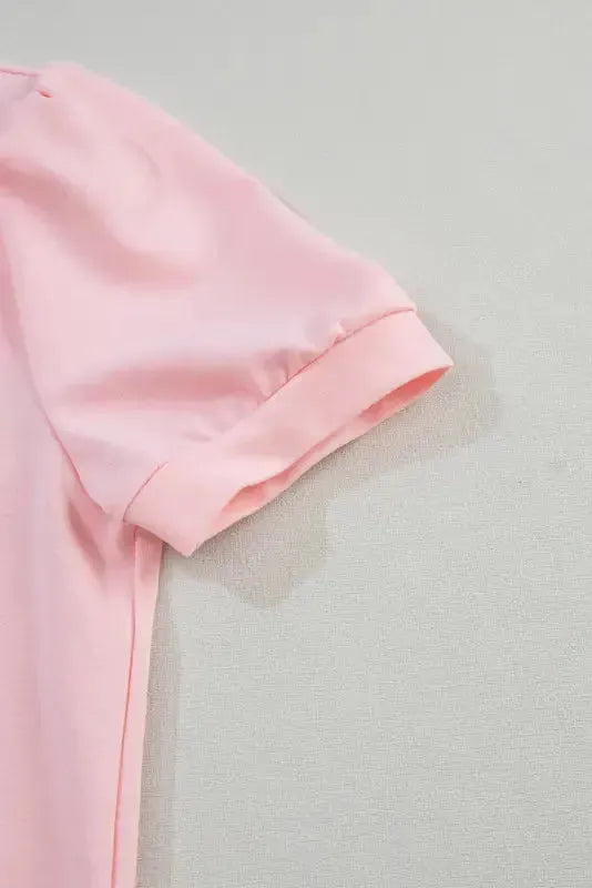 Pink Collared V Neck Puff Sleeve T-shirt-4