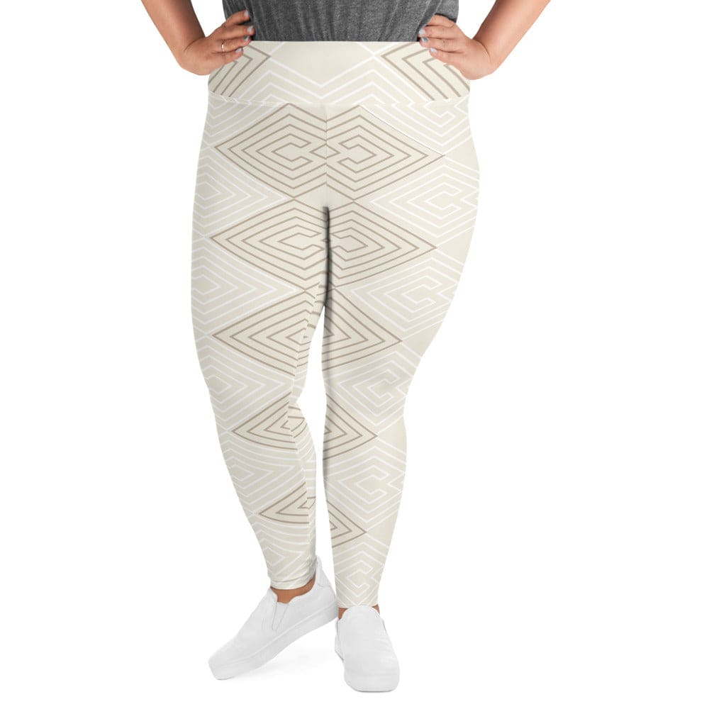 Womens Plus Size Fitness Leggings - Beige Brown Aztec Geometric Lines-0