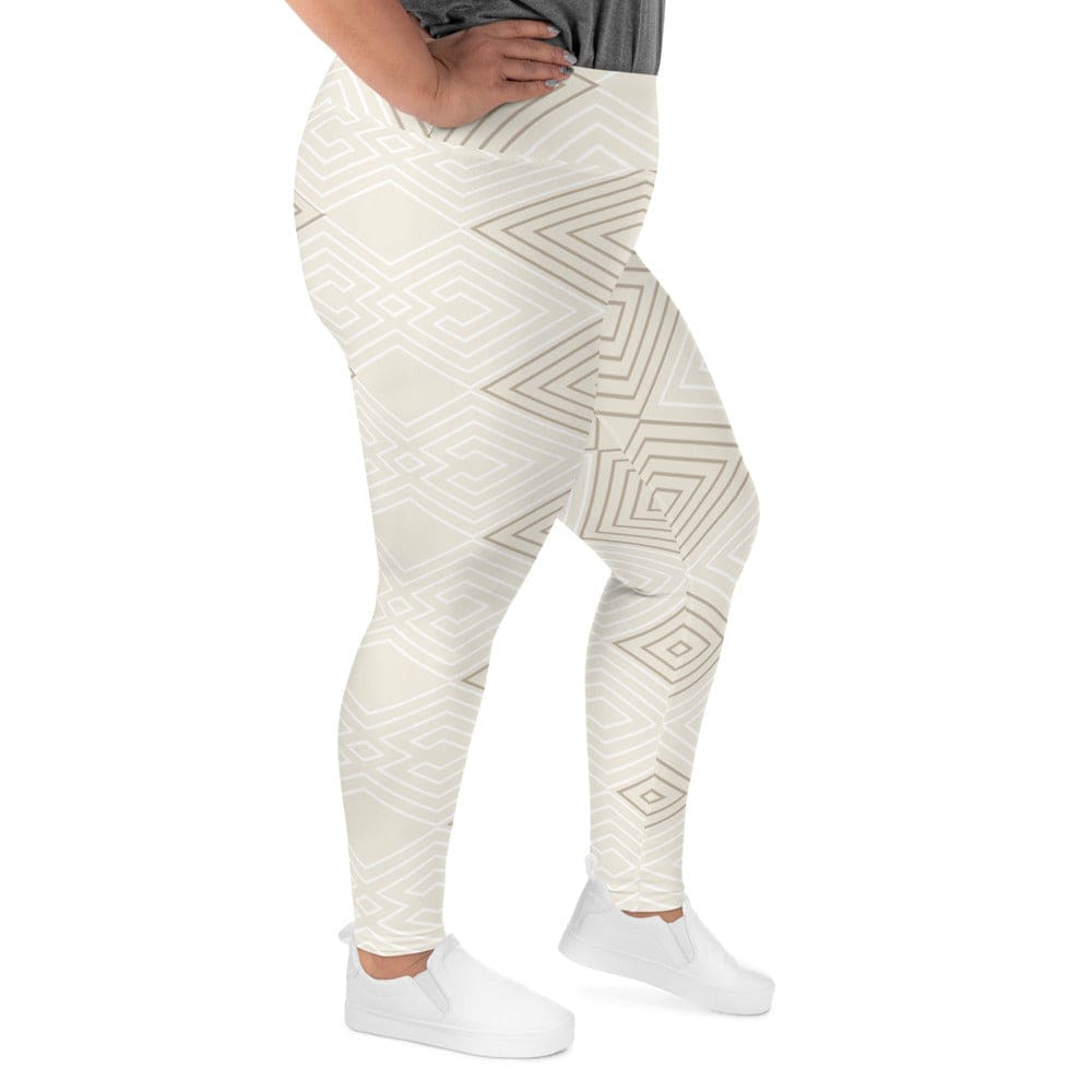 Womens Plus Size Fitness Leggings - Beige Brown Aztec Geometric Lines-2