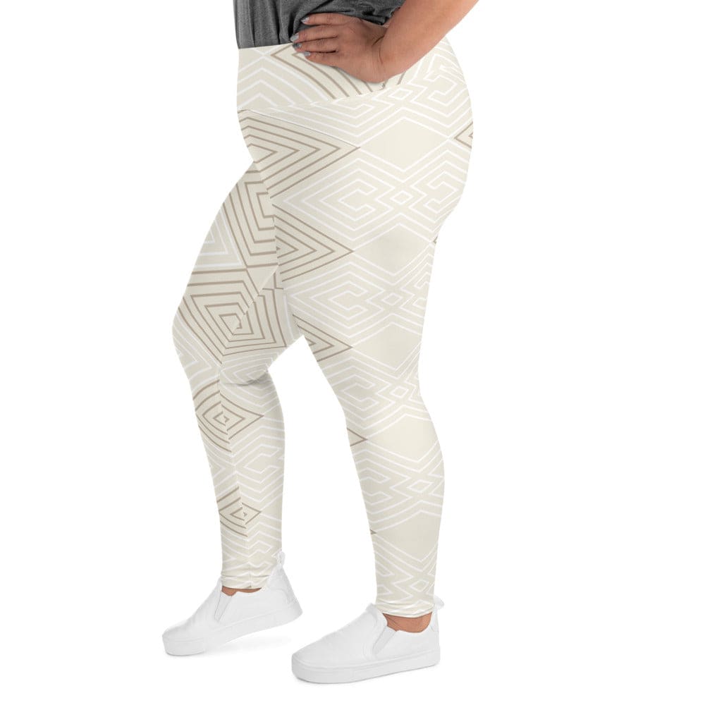 Womens Plus Size Fitness Leggings - Beige Brown Aztec Geometric Lines-3