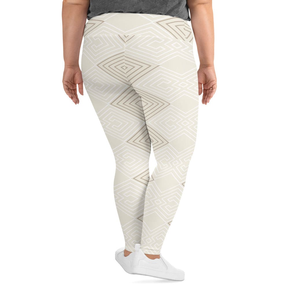 Womens Plus Size Fitness Leggings - Beige Brown Aztec Geometric Lines-1