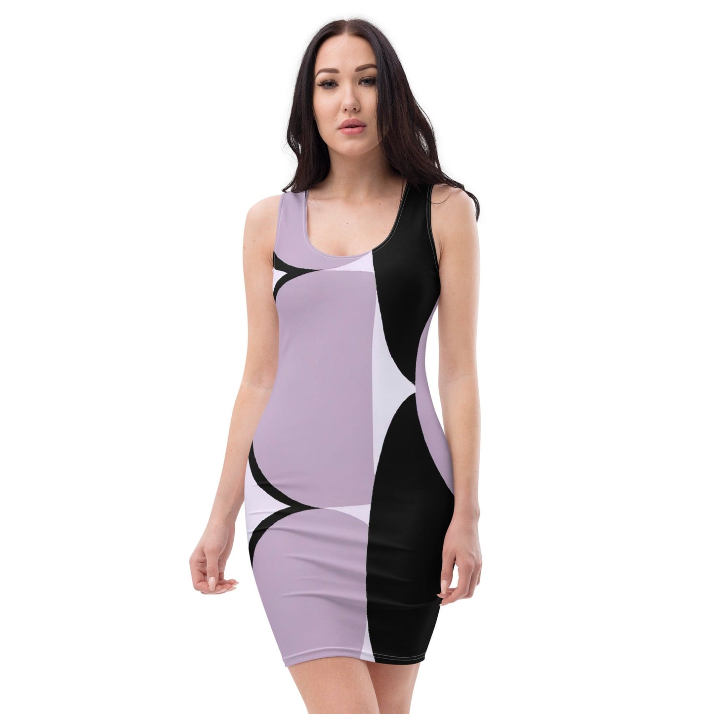 Womens Stretch Fit Bodycon Dress - Geometric Lavender and Black-0