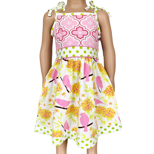 Girls Easter Dress Spring Birds and Pink Arabesque Cotton Knit Spaghetti Straps-0