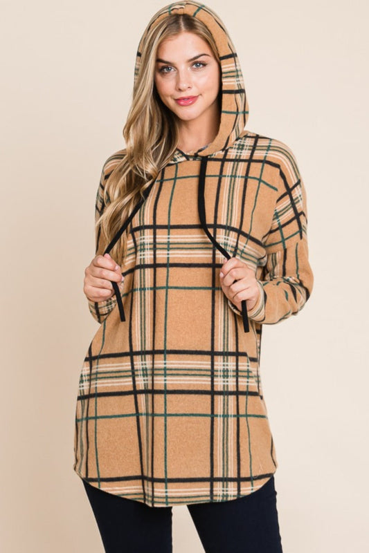 BOMBOM Drawstring Plaid Long Sleeve Hoodie-0