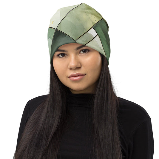 Double-layered Beanie Hat Olive Green Mint Leaf Geometric Print-0