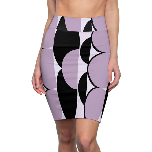 High Waist Womens Pencil Skirt - Contour Stretch - Geometric Lavender and Black Pattern-0