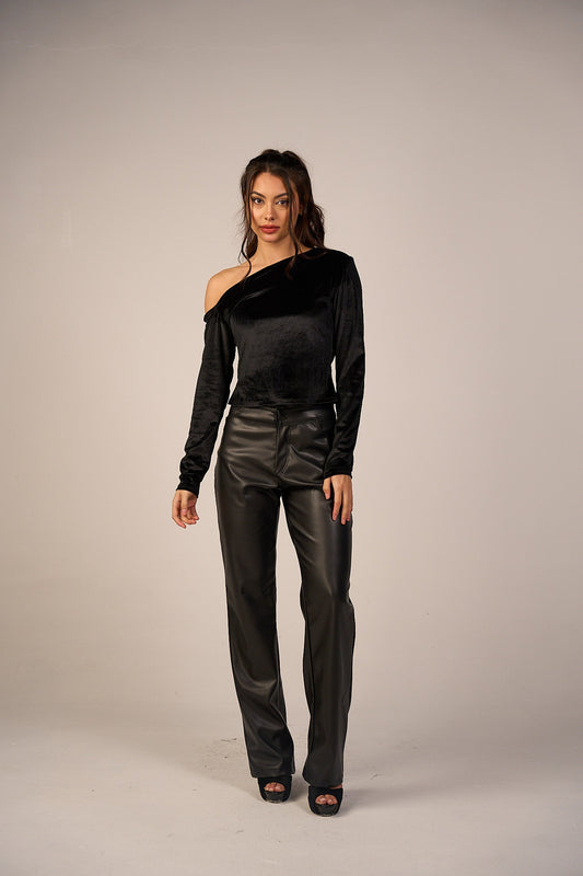 Faux Leather Wide Leg Pants - Black-0