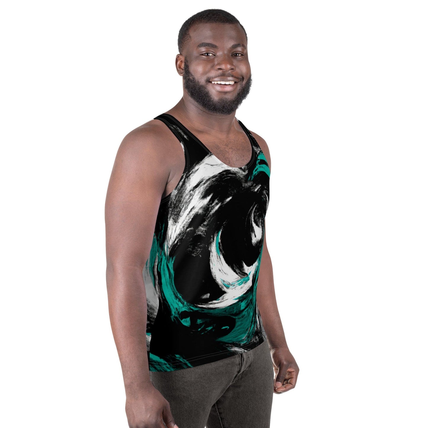 Mens Stretch Fit Tank Top - Black Green White Abstract Pattern-2