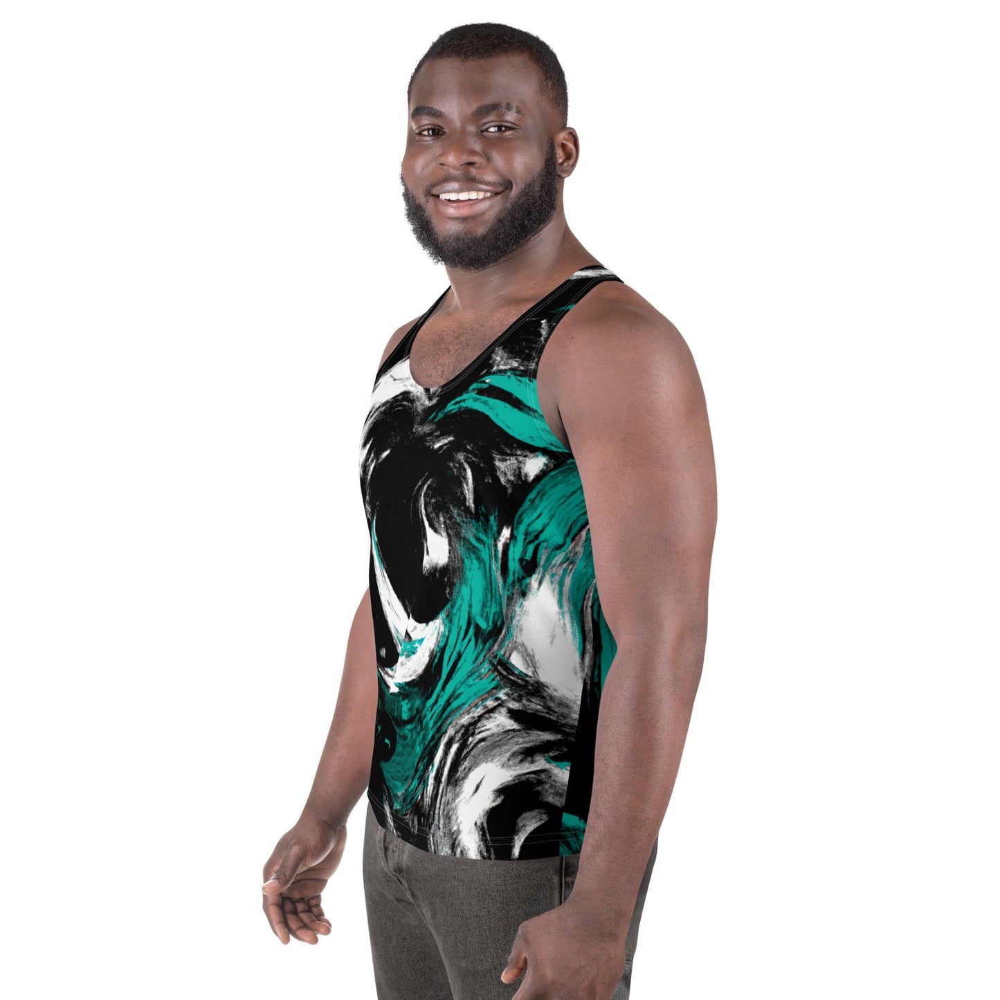 Mens Stretch Fit Tank Top - Black Green White Abstract Pattern-1