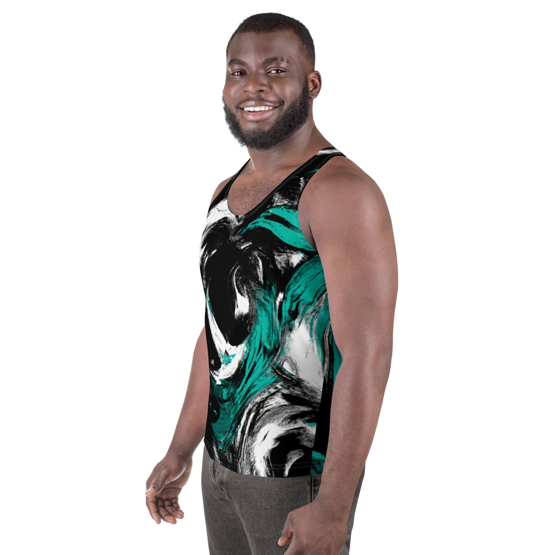 Mens Stretch Fit Tank Top - Black Green White Abstract Pattern-1