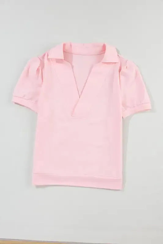 Pink Collared V Neck Puff Sleeve T-shirt-0
