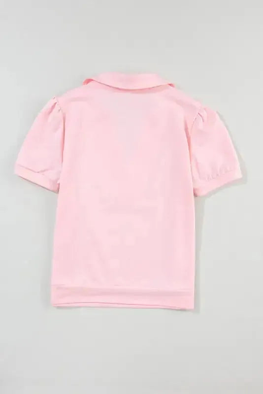 Pink Collared V Neck Puff Sleeve T-shirt-1