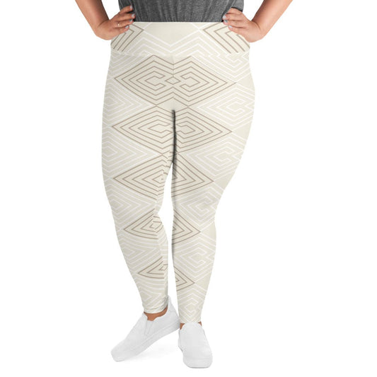 Womens Plus Size Fitness Leggings - Beige Brown Aztec Geometric Lines-0