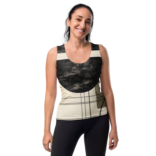 Womens Stretch Fit Tank Top - Abstract Black Beige Brown Geometric-0